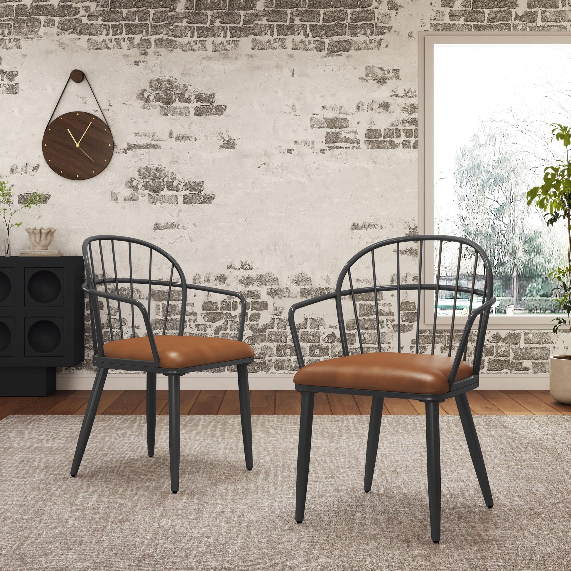 Industrial inspired upholstered dining chairs set of 2 with brown leather seats and metal legs on Tampa Home & Garden Store