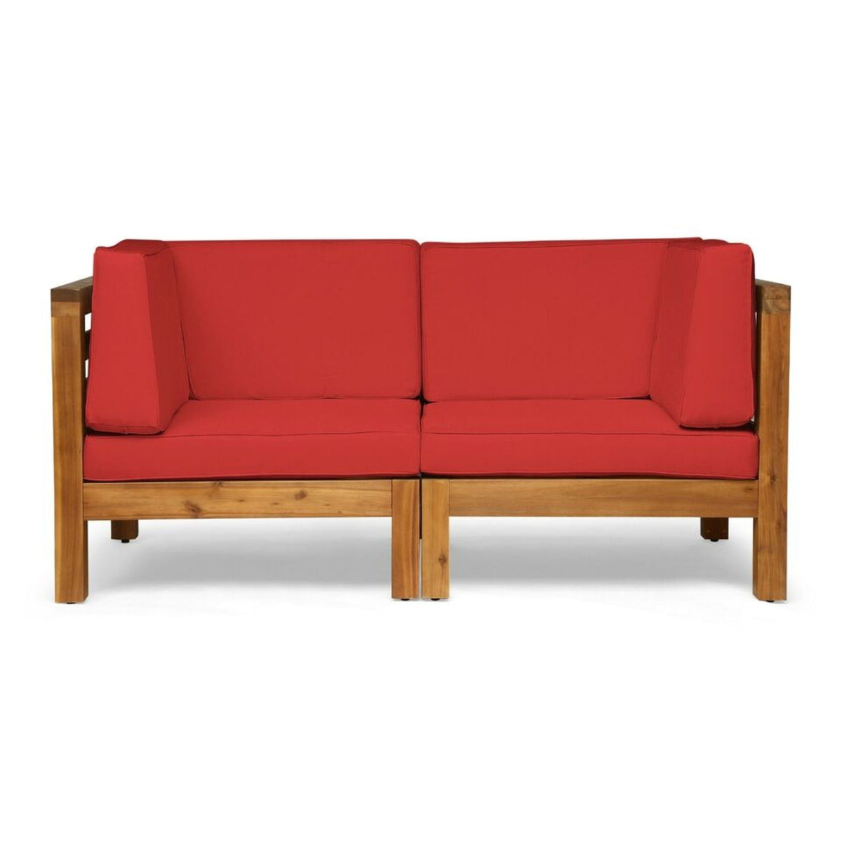 Oana 2-Piece Loveseat Set with water resistant cushions, red fabric and wood frame on Tampa Home & Garden Store