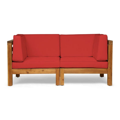 Oana 2-Piece Loveseat Set with water resistant cushions, red fabric and wood frame on Tampa Home & Garden Store
