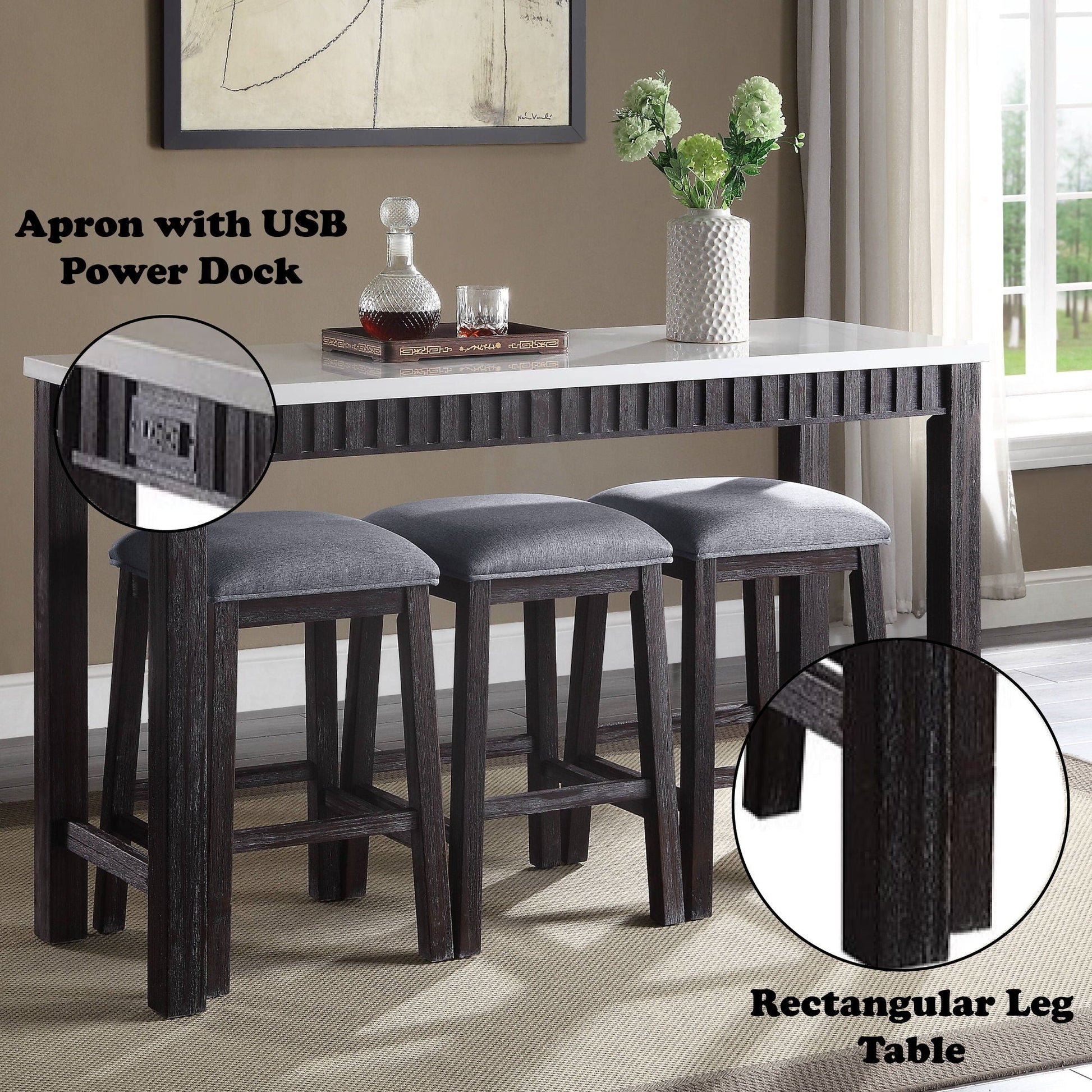 Necalli 4-piece counter height dining set espresso wood with marble top four stools on Tampa Home & Garden Store