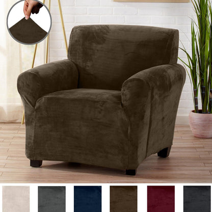 Velvet Stretch Slipcover Gale Collection Great Bay Home on brown armchair on Tampa Home & Garden Store