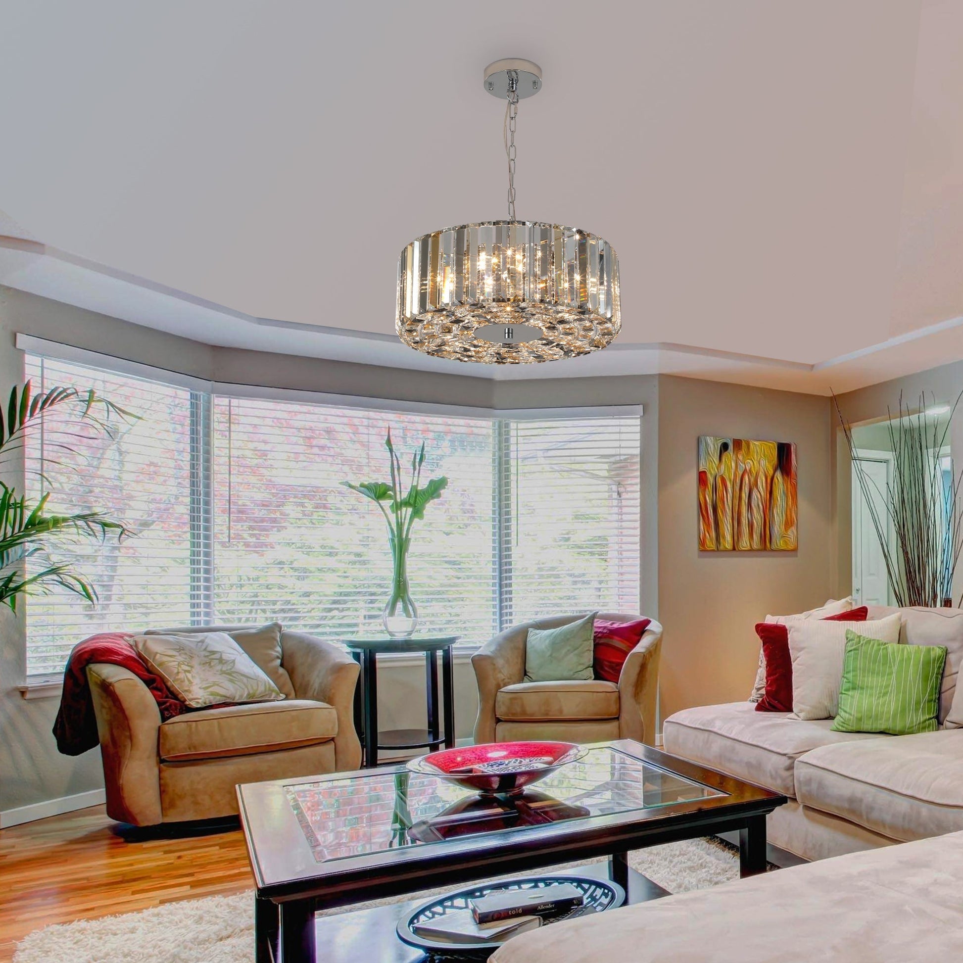 17' Chrome Crystal Pendant Chandelier by HouseOfZazla with circular crystal accents on Tampa Home & Garden Store