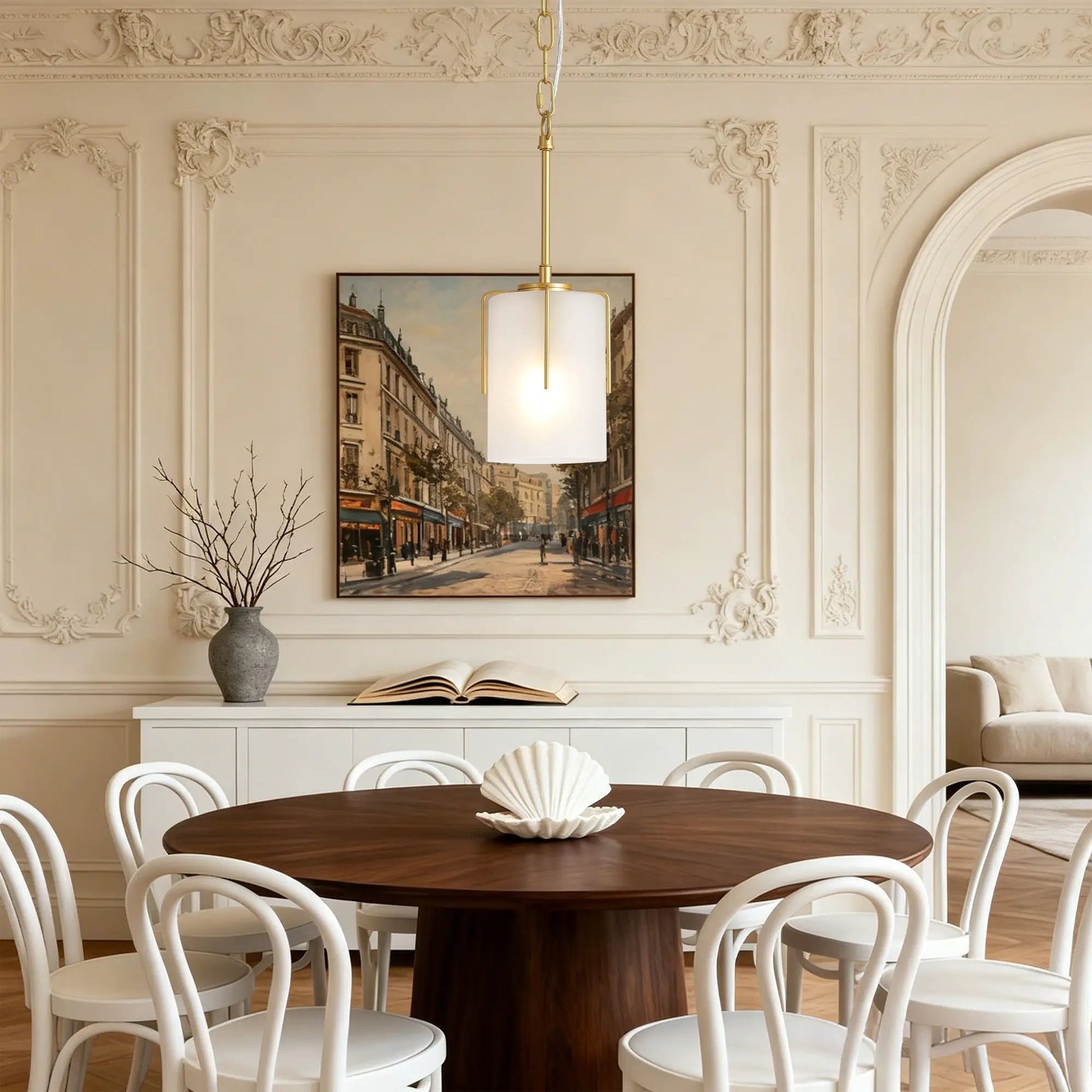 Adjustable Cylindrical Pendant Light with frosted glass shade and brass finish on Tampa Home & Garden Store