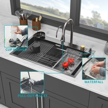 Brushed Waterfall Sink with Faucet and Cup Washer