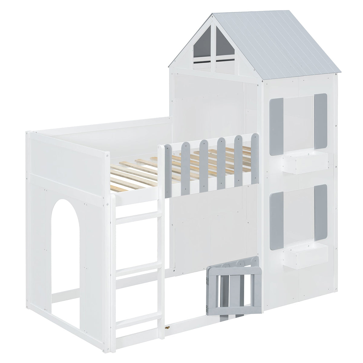 Twin Over Twin House Bunk Bed by HouseOfZazla in white with gray roof and rails on Tampa Home & Garden Store