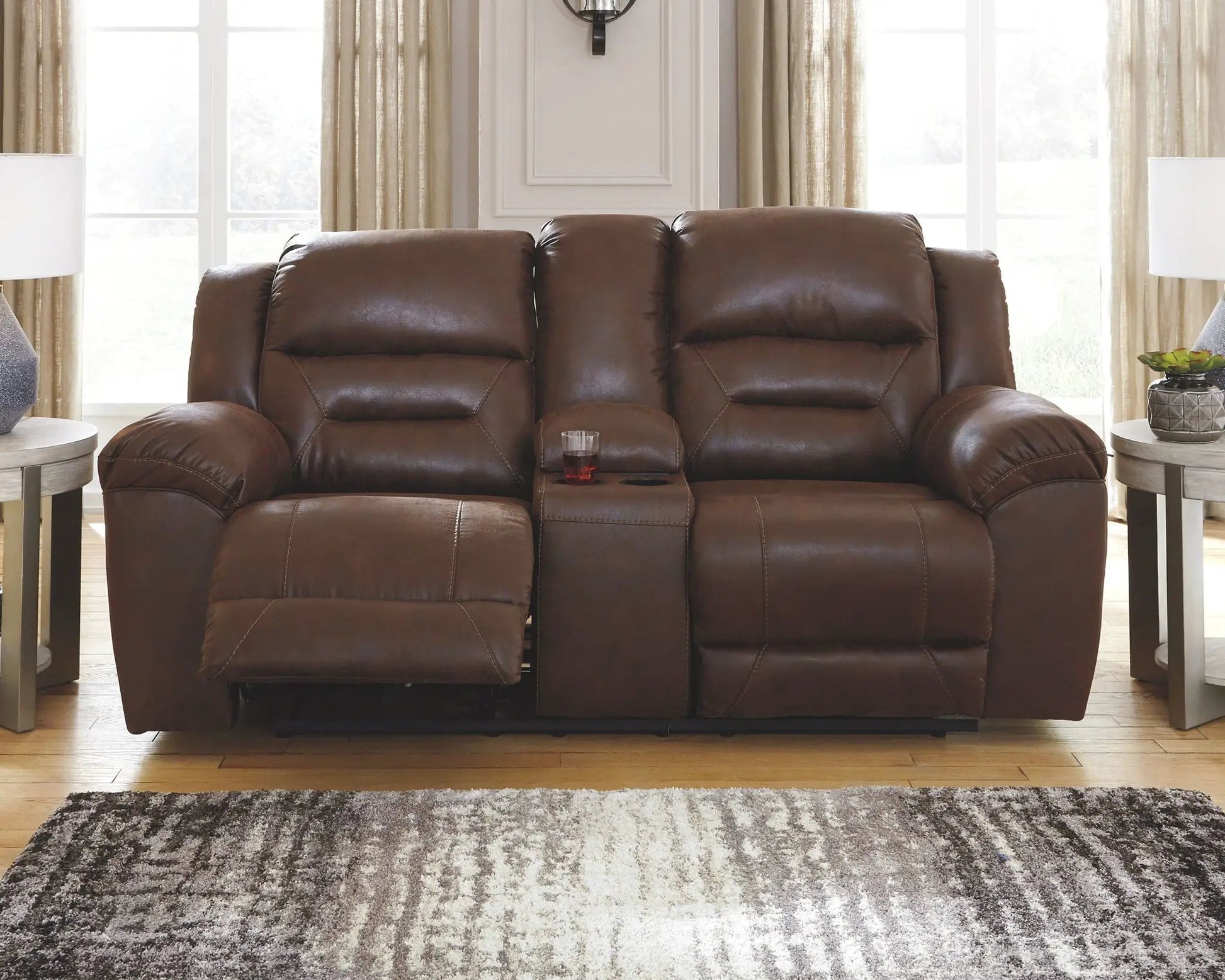 Stoneland reclining sofa set brown leather with center cup holders on Tampa Home & Garden Store
