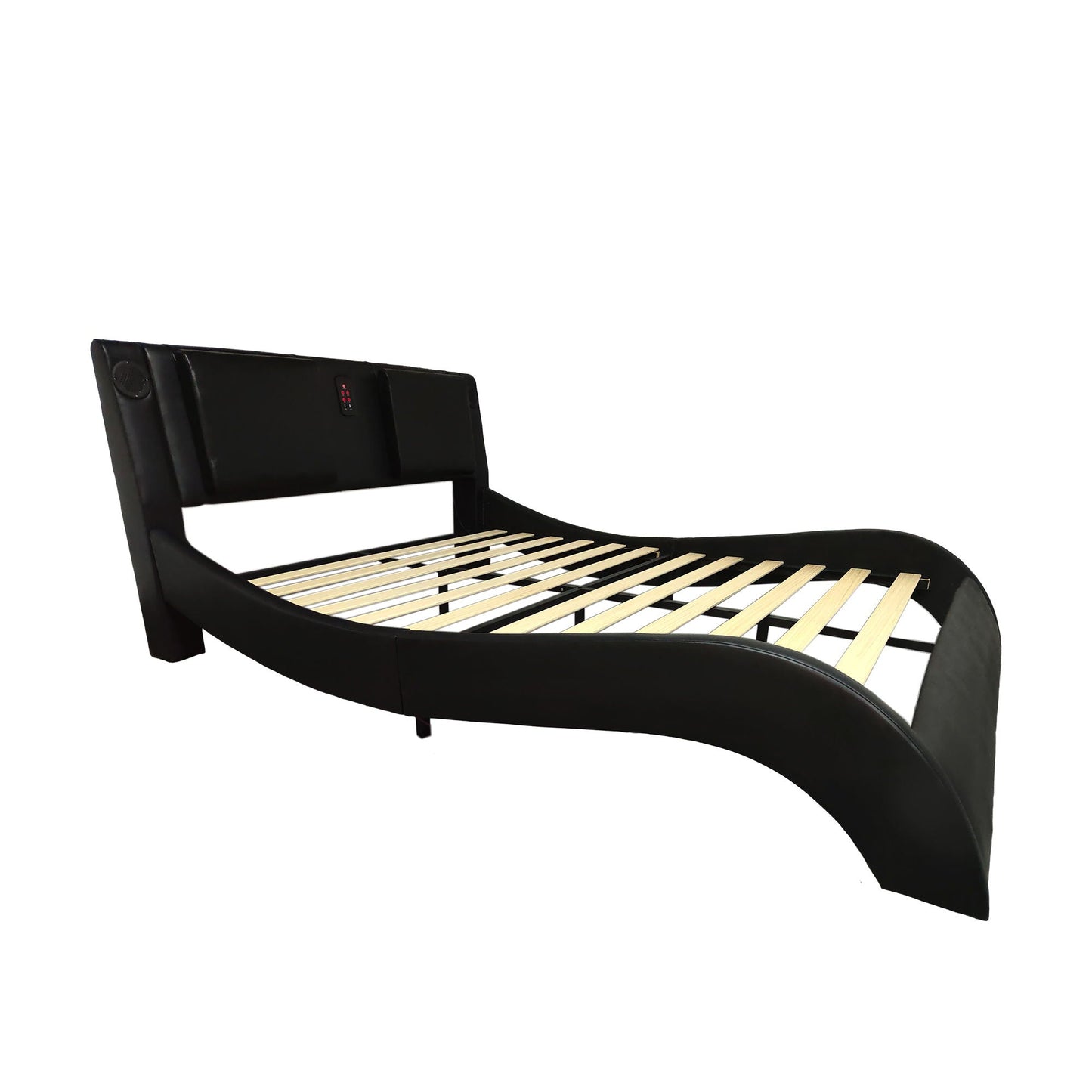 Black upholstered platform bed frame with curved headboard and wooden slatted base on Tampa Home & Garden Store