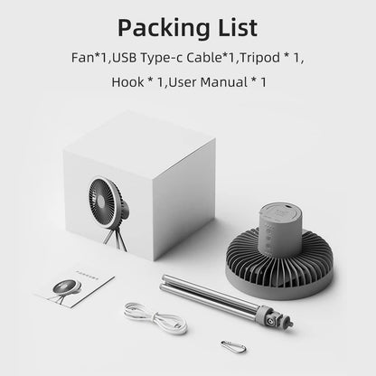 Camping Fan Light USB Tripod Hanging gray 5-piece kit: fan, USB-C cable, tripod, hook, manual on Tampa Home & Garden Store