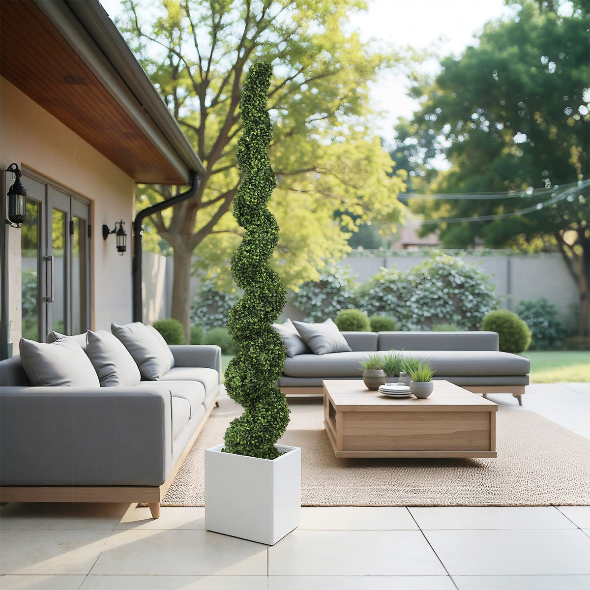 7FT spiral topiary tree artificial boxwood HouseOfZazla in white planter on patio on Tampa Home & Garden Store