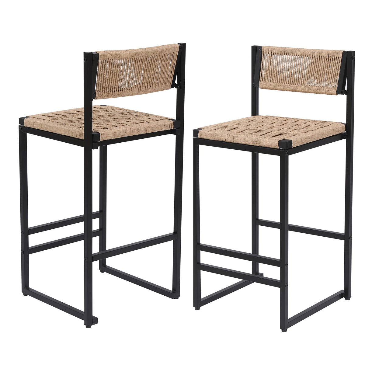 Bar stools with footrests, set of 2, black metal frame, natural paper rope weave, HouseOfZazla on Tampa Home & Garden Store