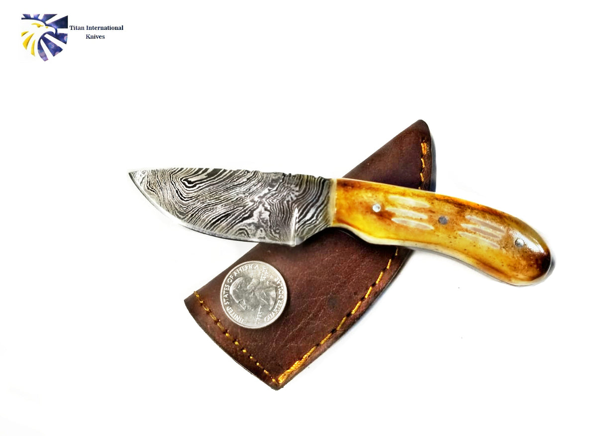 Damascus Blaze Neck Knife TD-200 by Titan Damascus blade, amberbrown bone handle, leather sheath on Tampa Home & Garden Store