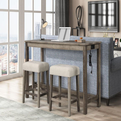 Transitional backless counter stools with beige cushions, two wood stools for a living space on Tampa Home & Garden Store