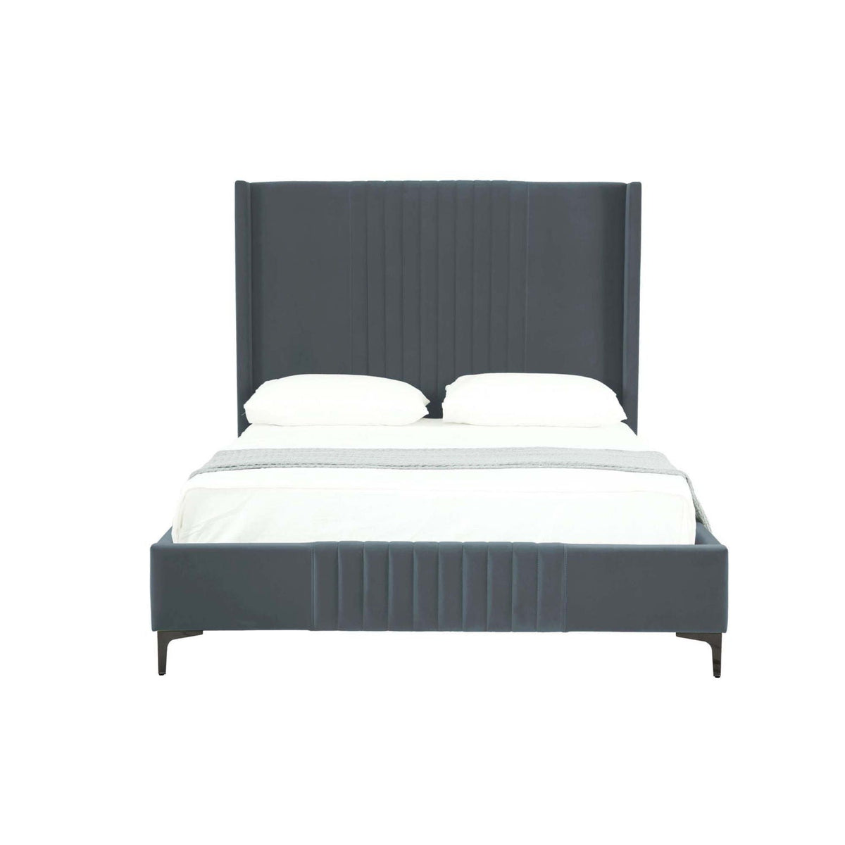 Promenade upholstered bed with tall headboard and footboard in dark gray fabric with slats on Tampa Home & Garden Store