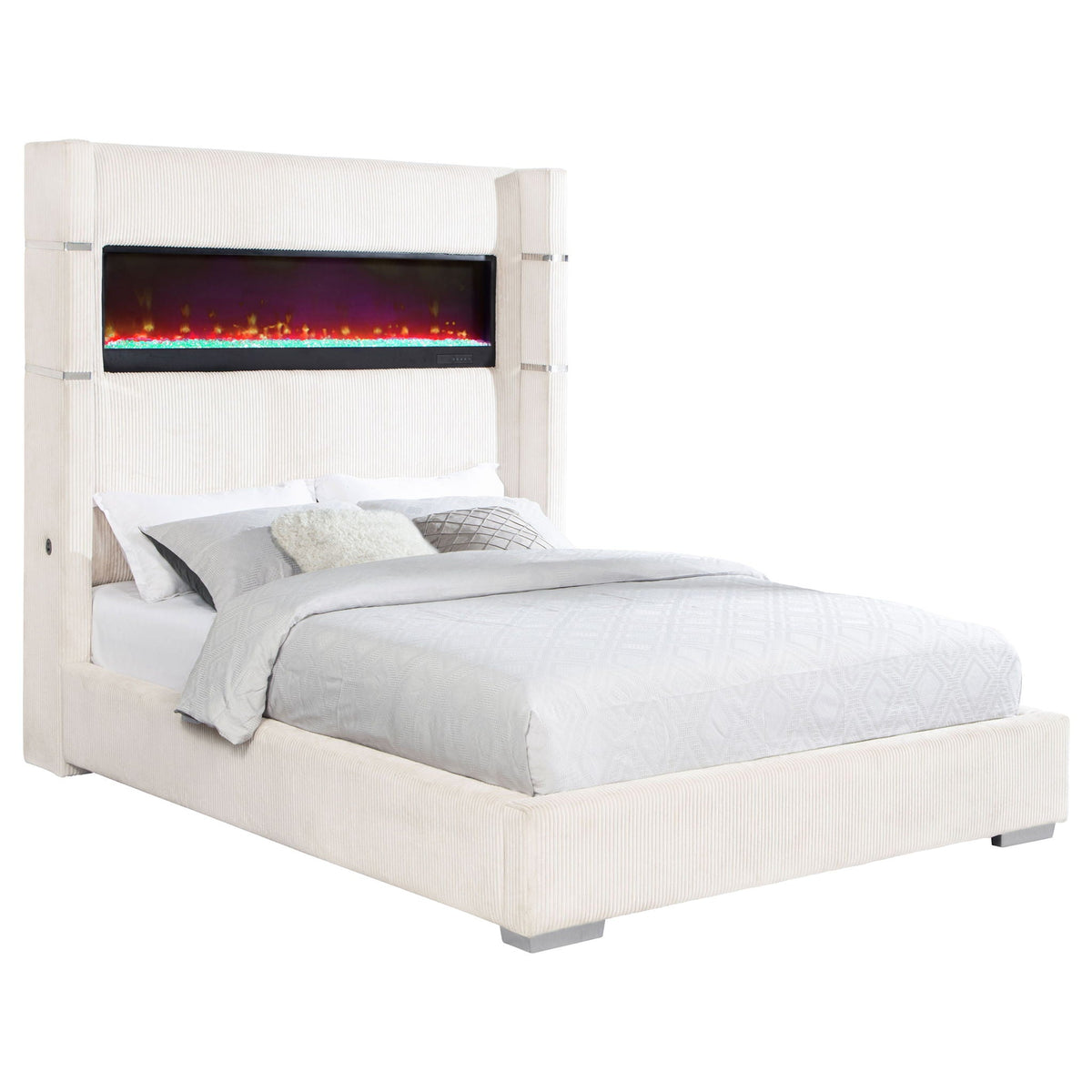 Judah Flame Visualizer Bed by HouseOfZazla, ivory upholstered bed with fireplace in headboard on Tampa Home & Garden Store