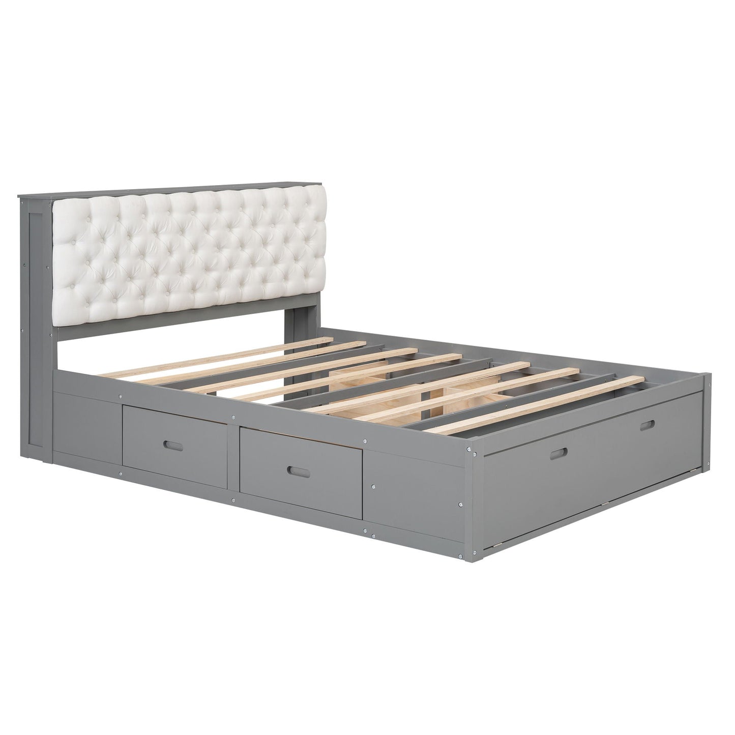Platform bed with grey frame and tufted white headboard, includes shoe rack and 4 drawers on Tampa Home & Garden Store