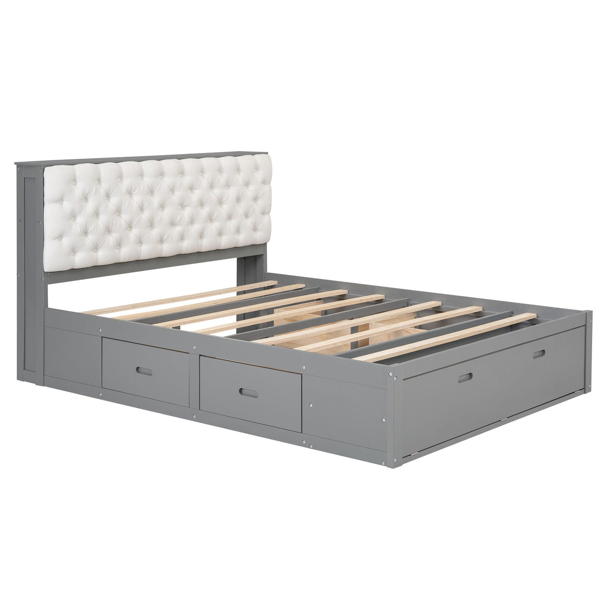 Platform bed with grey frame and tufted white headboard, includes shoe rack and 4 drawers on Tampa Home & Garden Store
