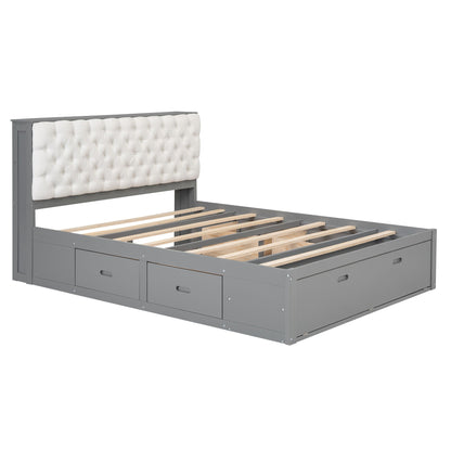 Platform bed with grey frame and tufted white headboard, includes shoe rack and 4 drawers on Tampa Home & Garden Store