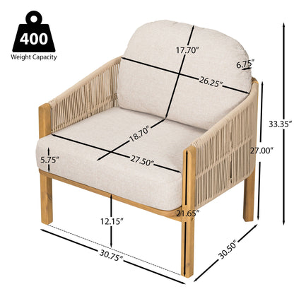 Grotta Outdoor Wood Club Chair Set of 2 by HouseOfZazla, beige woven rattan with cushions on Tampa Home & Garden Store