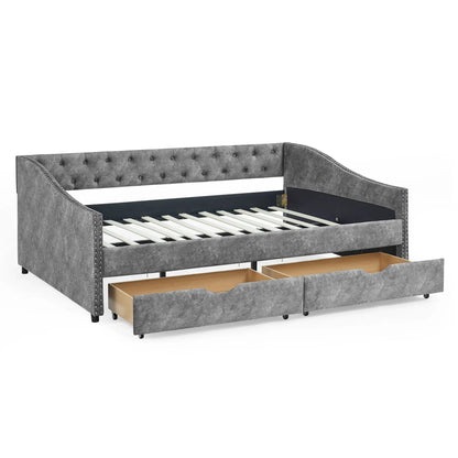 Upholstered Tufted Daybed With Drawers Waved Arms