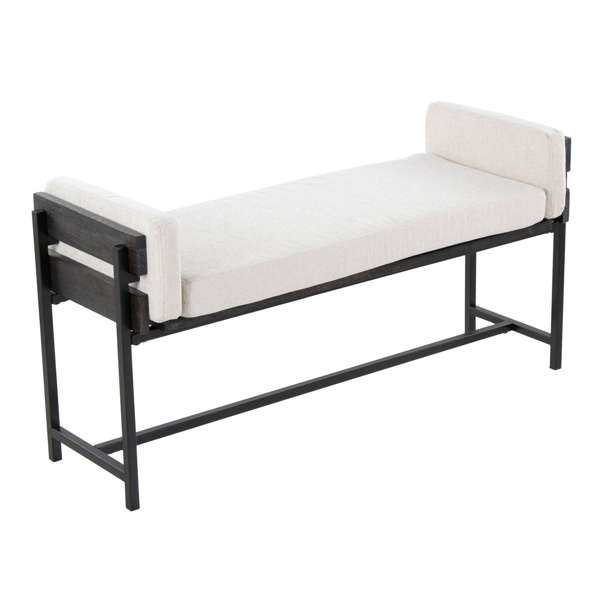 Farmhouse Luxe Upholstered Bench with Wood Panel Accent white fabric, black frame on Tampa Home & Garden Store