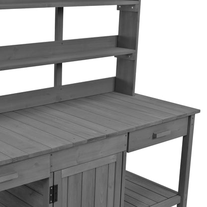 Topmax 66'' Large Outdoor Farmhouse Wooden Potting Bench with gray-stained slatted shelves on Tampa Home & Garden Store