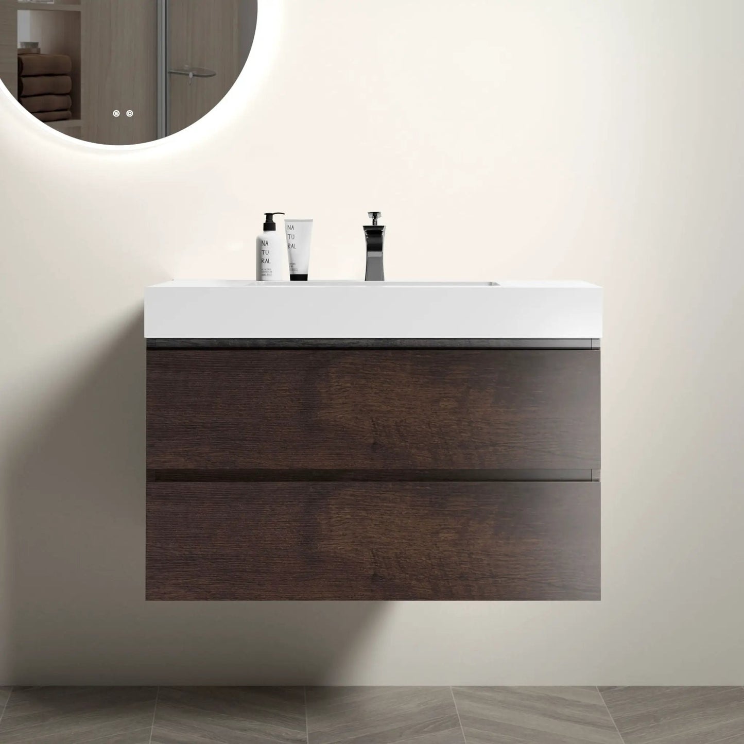 Alice wall-mounted bathroom vanity with one-piece sink basin and dark wood storage on Tampa Home & Garden Store