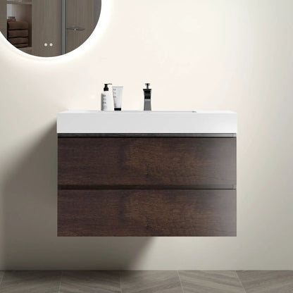 Alice wall-mounted bathroom vanity with one-piece sink basin and dark wood storage on Tampa Home & Garden Store