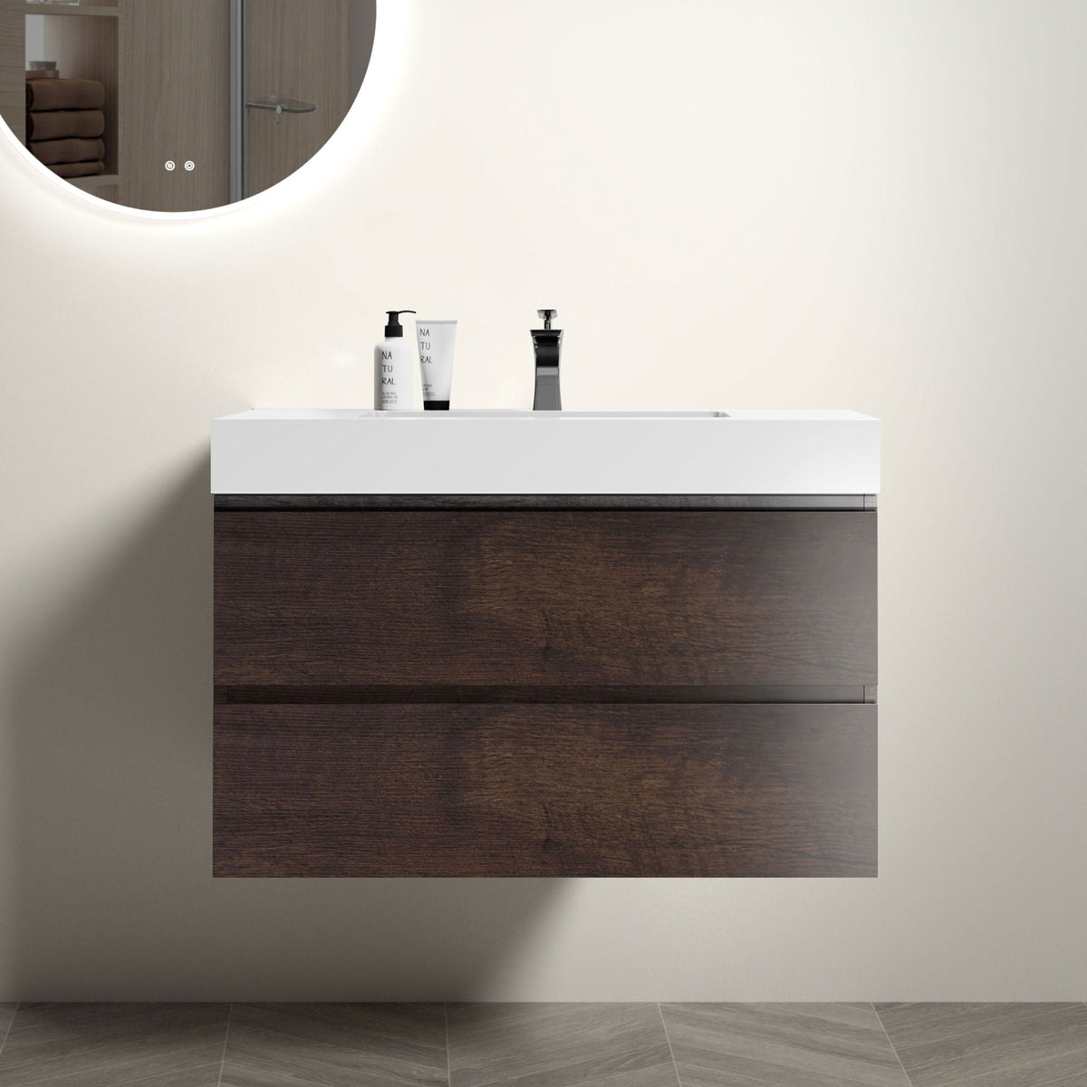 Alice wall-mounted vanity with integrated sink, white top and dark wood base on Tampa Home & Garden Store
