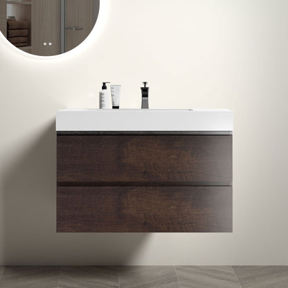Alice wall-mounted vanity with integrated sink, white top and dark wood base on Tampa Home & Garden Store