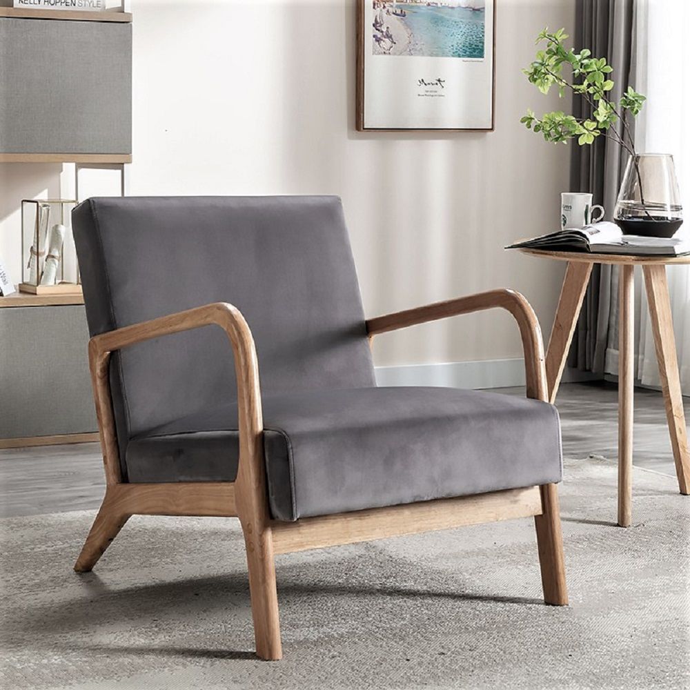 HouseOfZazla mid-century open-frame arm chair with gray cushioning and natural wood frame on Tampa Home & Garden Store