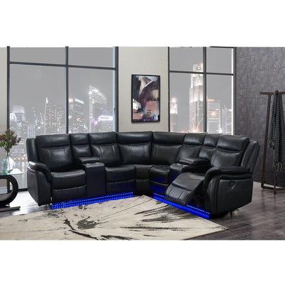 Jupiter Leather Sectional reclining chaise, black leather upholstery with blue LED underbase on Tampa Home & Garden Store