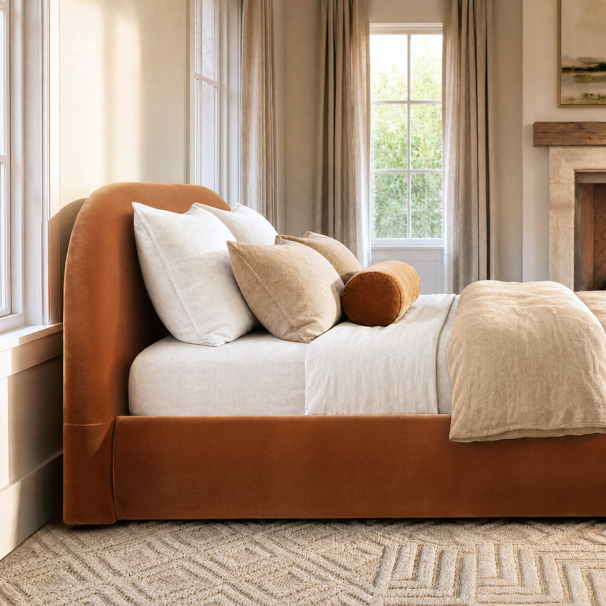 Archie Puffy Grounded Upholstered Platform Bed King Burnt orange upholstery by HouseOfZazla on Tampa Home & Garden Store
