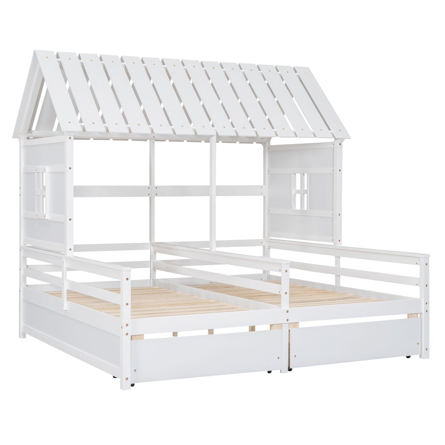 House Platform Beds With 2 Drawers, Side By Side white wood storage bed with slatted roof on Tampa Home & Garden Store