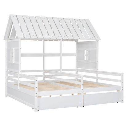 House Platform Beds With 2 Drawers, Side By Side white wood storage bed with slatted roof on Tampa Home & Garden Store