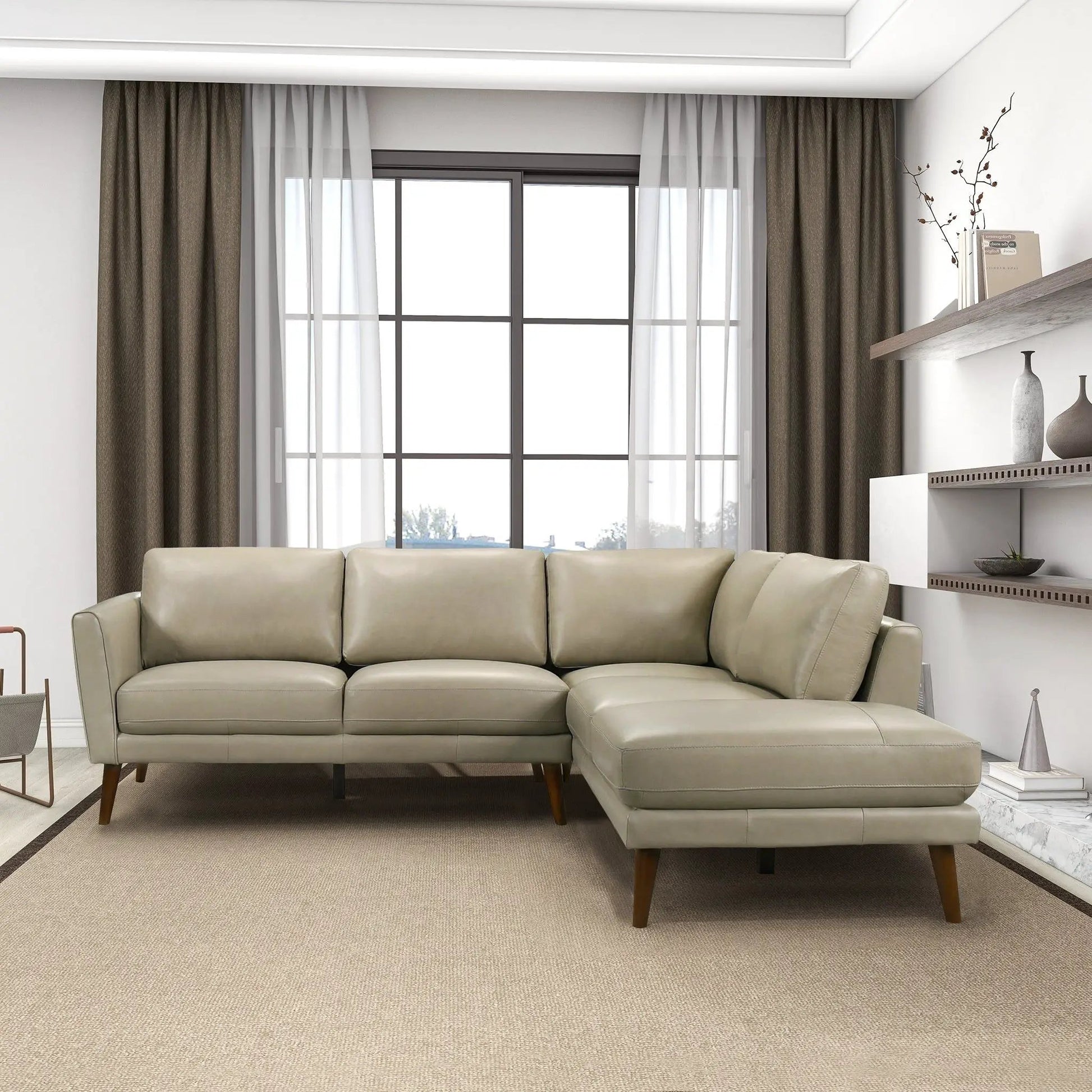 Benson sectional sofa with chaise in light tan leather, stationary, wood legs in living room on Tampa Home & Garden Store