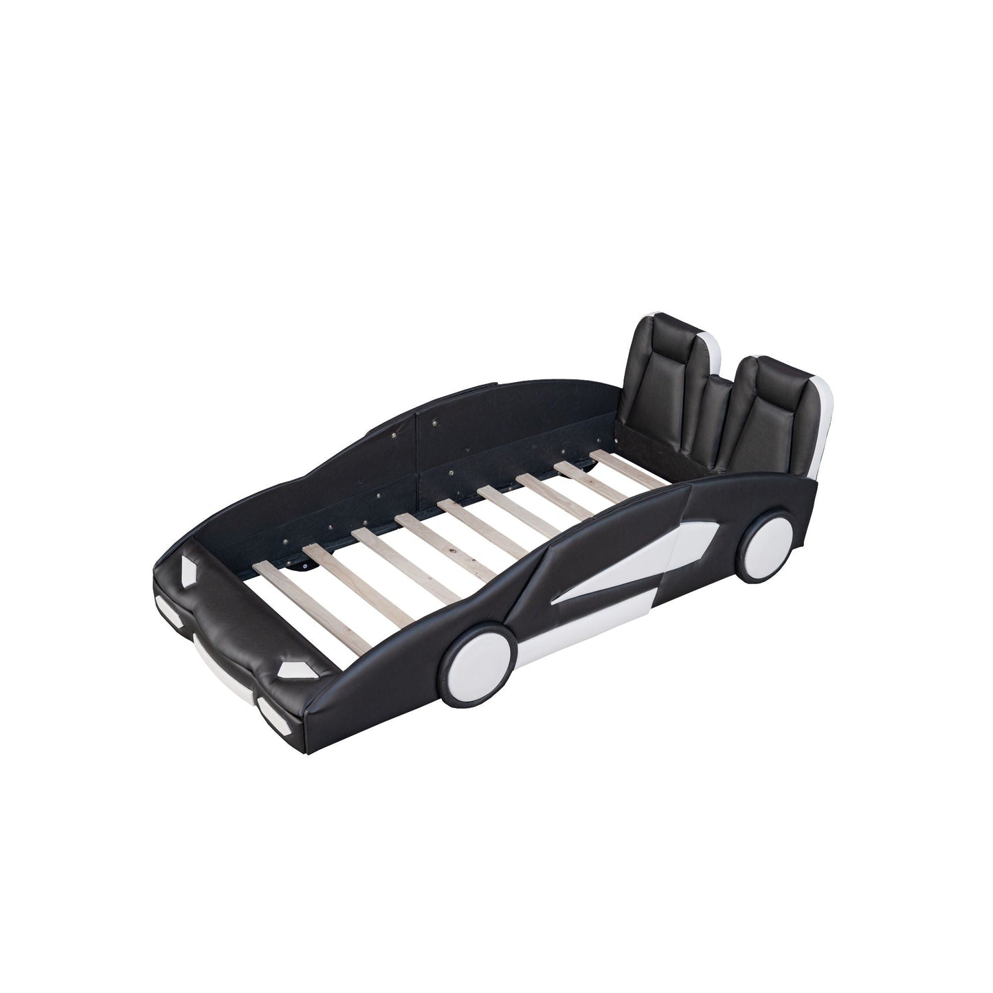 Race car shaped twin platform bed with pine frame, black upholstery, white wheel accents on Tampa Home & Garden Store