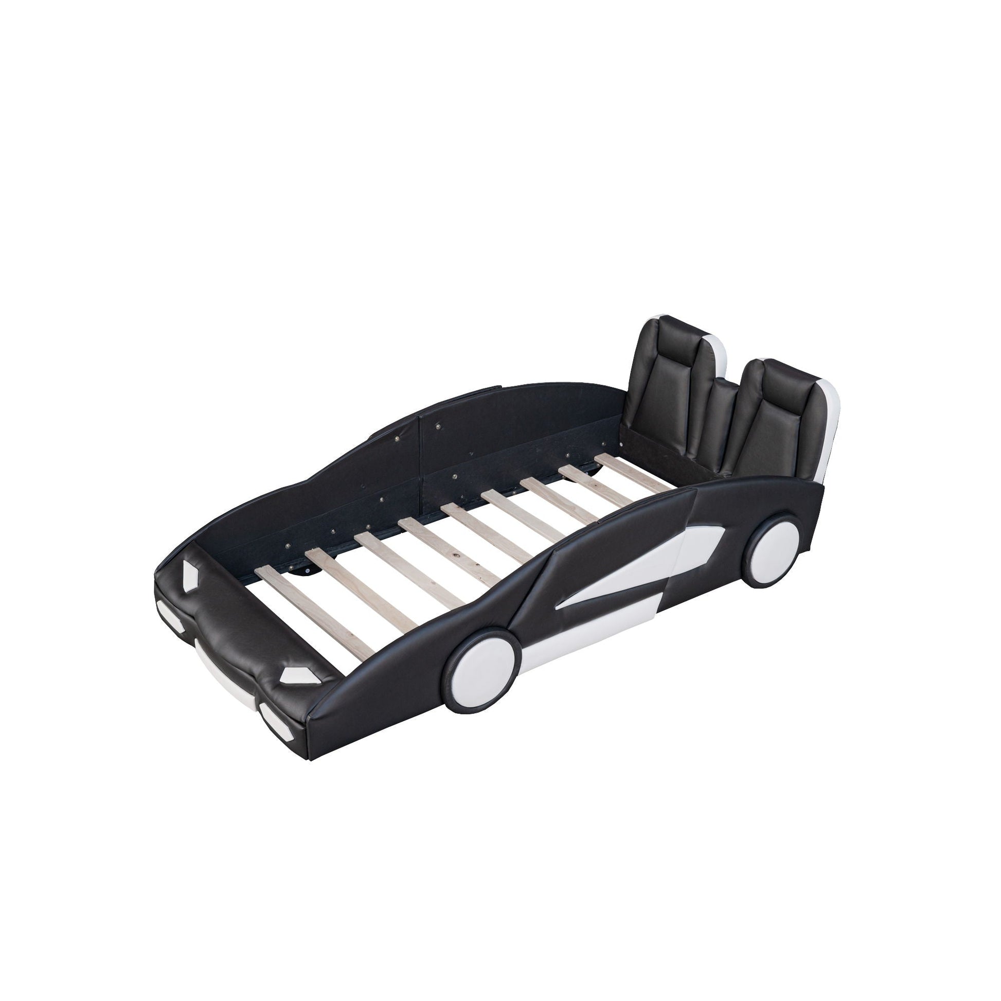 Race car shaped twin platform bed with pine frame, black upholstery, white wheel accents on Tampa Home & Garden Store