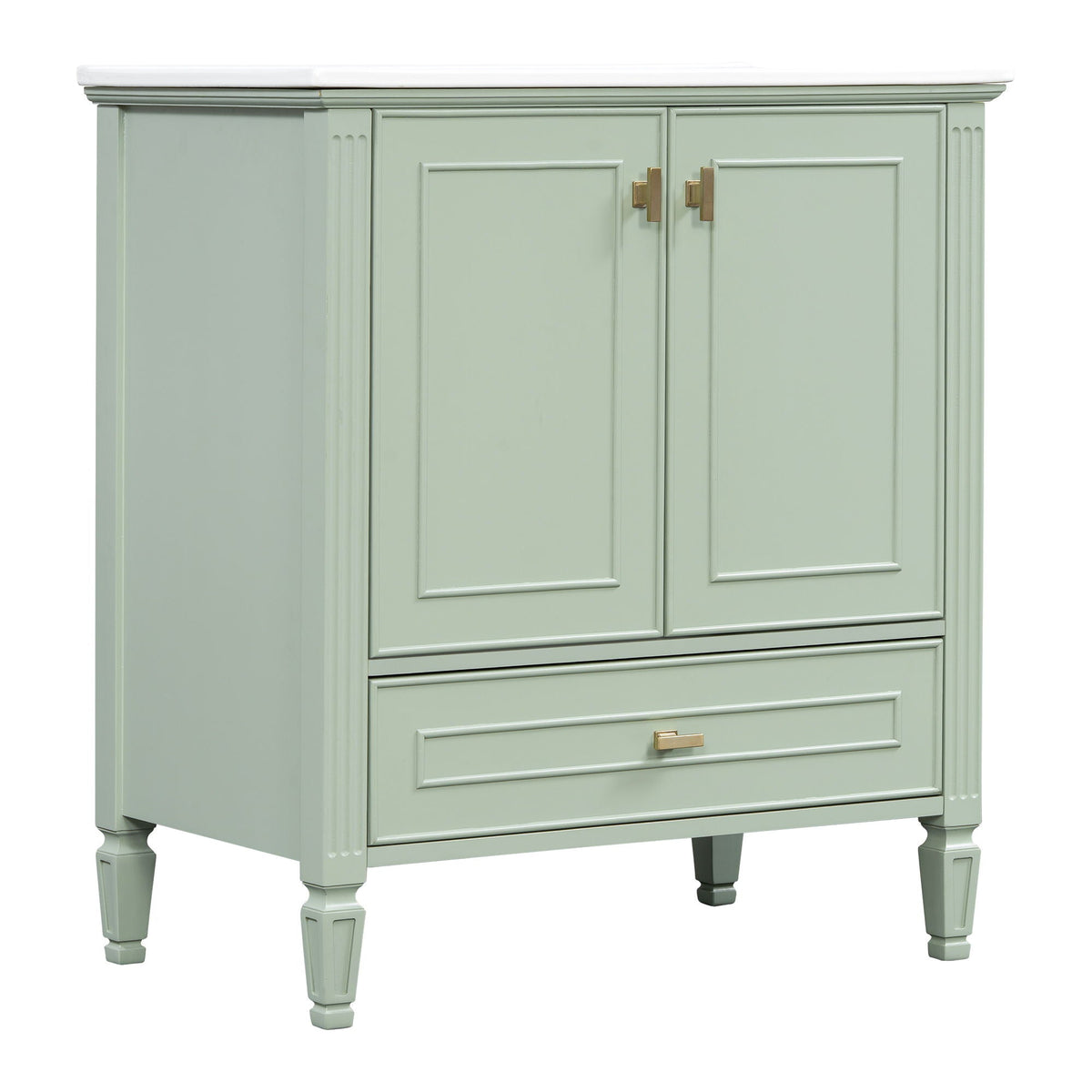 Freestanding vanity in soft green with white countertop, doors and drawer, gold hardware on Tampa Home & Garden Store