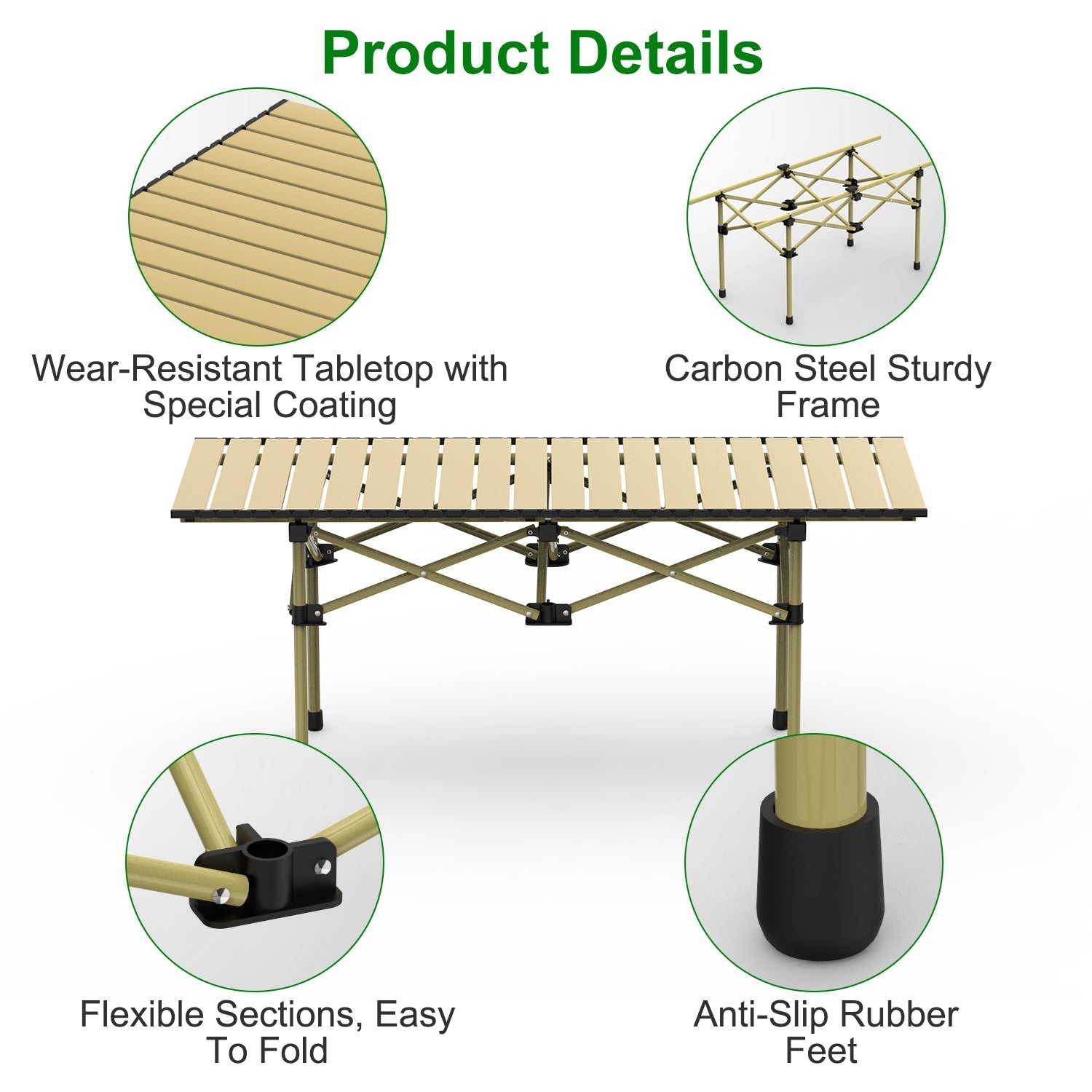 GemGear folding camping table with carbon steel frame and beige slatted top on Tampa Home & Garden Store
