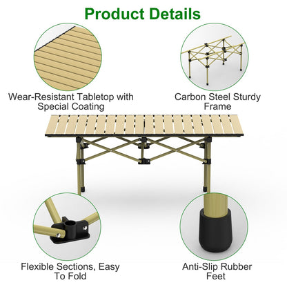 GemGear folding camping table with carbon steel frame and beige slatted top on Tampa Home & Garden Store