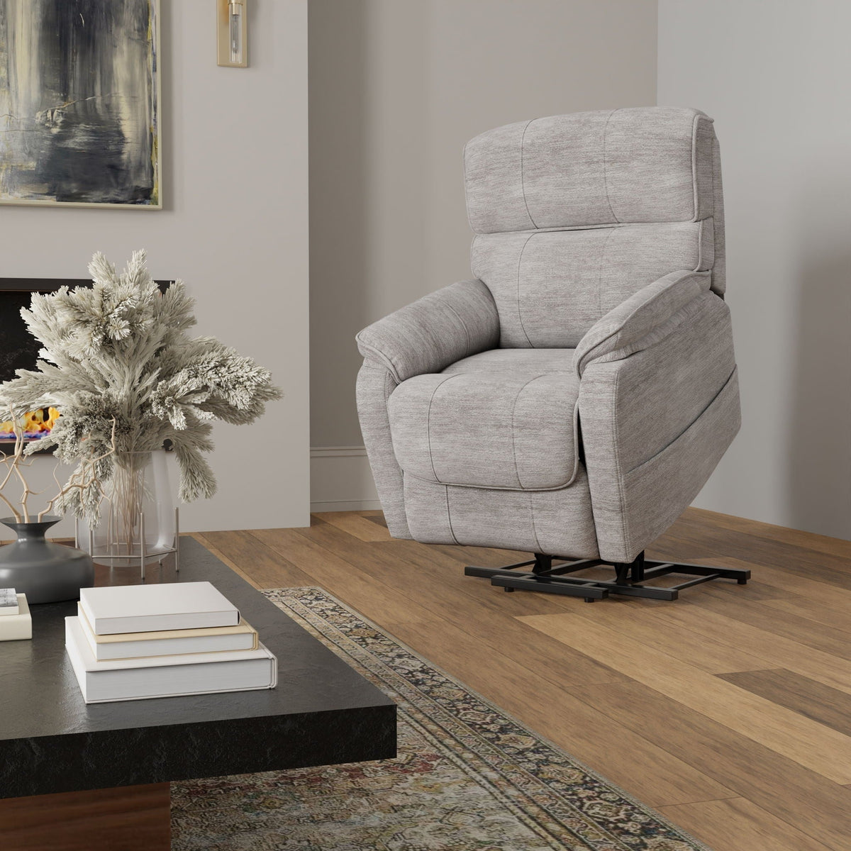 Fabric power lift chair with motorized recline in gray upholstery on Tampa Home & Garden Store