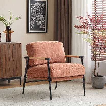Modern accent chair with plush cushions and wooden armrests rust-orange fabric by HouseOfZazla on Tampa Home & Garden Store