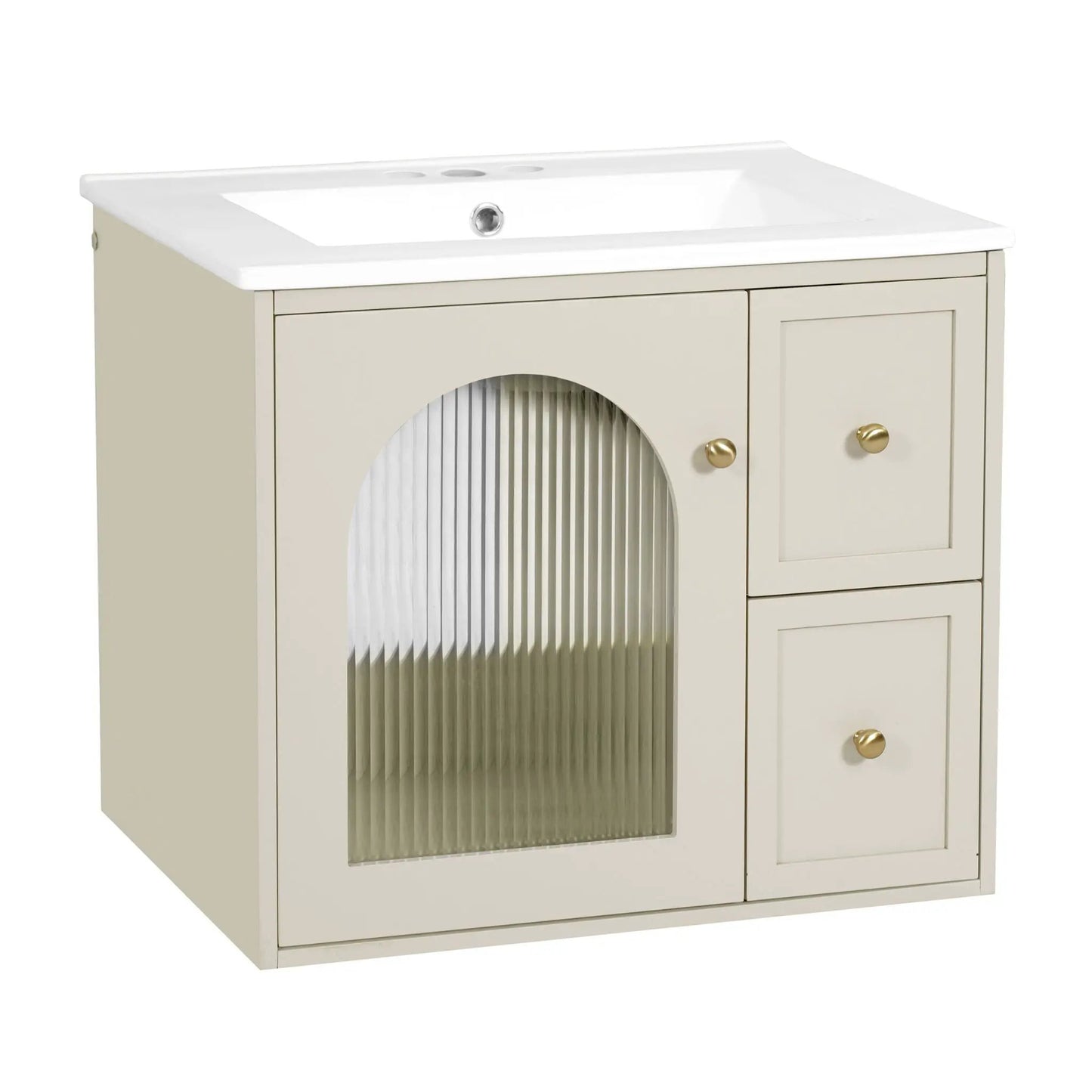 Wall-mounted vanity with white sink, beige cabinet, 2 drawers, soft-close door and gold knobs on Tampa Home & Garden Store