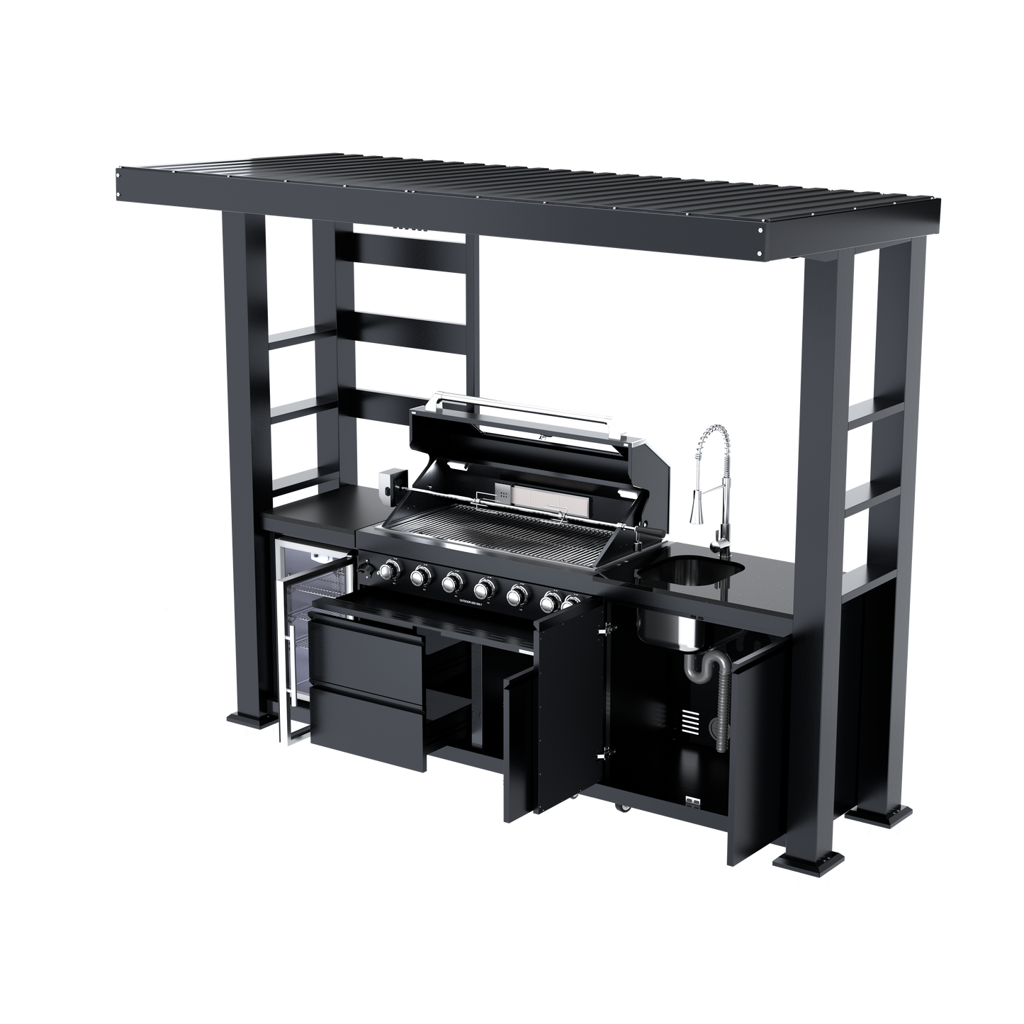 108-Inch 6-Burner Deluxe Outdoor Kitchen Grill by HouseOfZazla, black steel with slatted top on Tampa Home & Garden Store