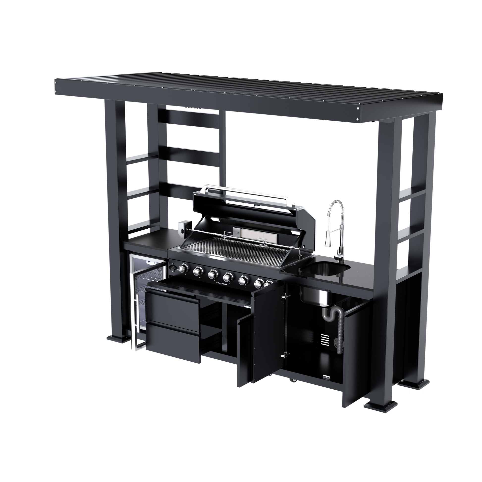 108-Inch 6-Burner Deluxe Outdoor Kitchen Grill by HouseOfZazla, black steel with slatted top on Tampa Home & Garden Store