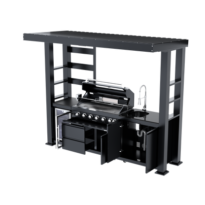 108-Inch 6-Burner Deluxe Outdoor Kitchen Grill by HouseOfZazla, black steel with slatted top on Tampa Home & Garden Store
