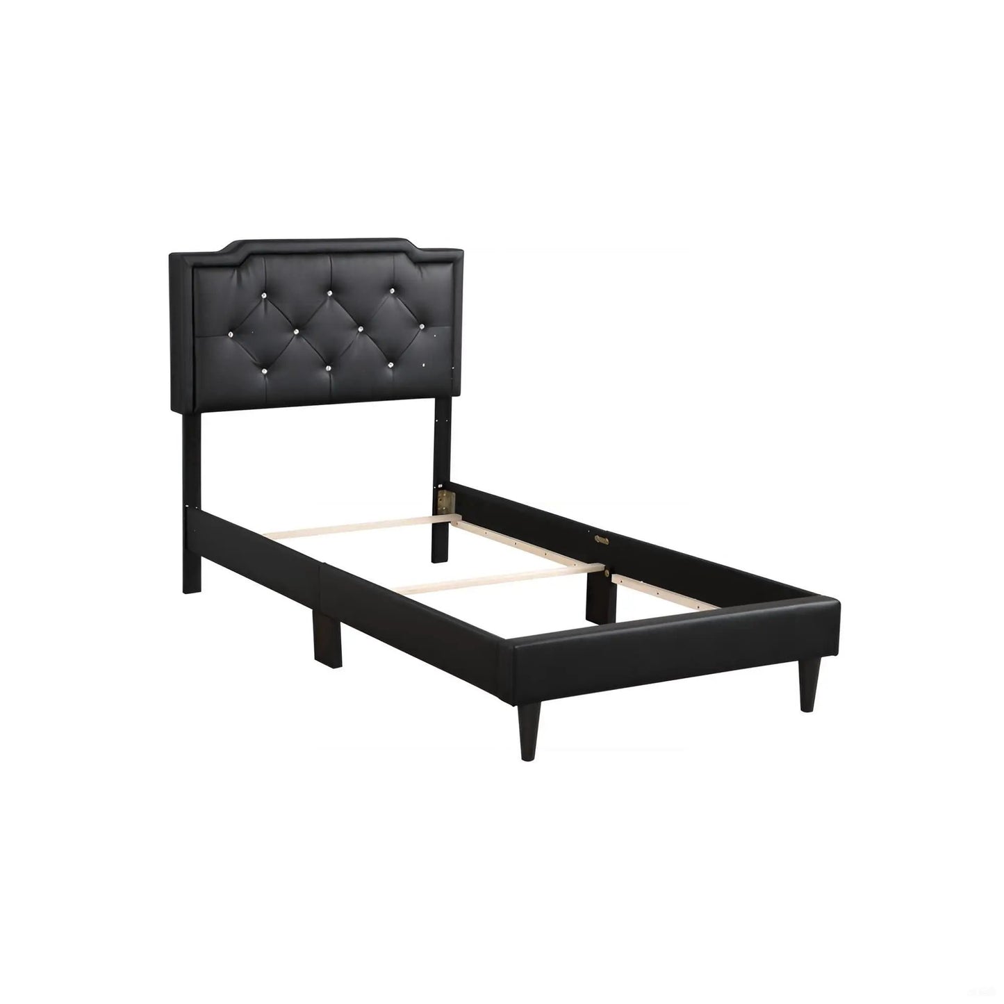 Button tufted black upholstered bed headboard with diamond pattern, black frame and legs on Tampa Home & Garden Store