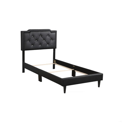 Button tufted black upholstered bed headboard with diamond pattern, black frame and legs on Tampa Home & Garden Store