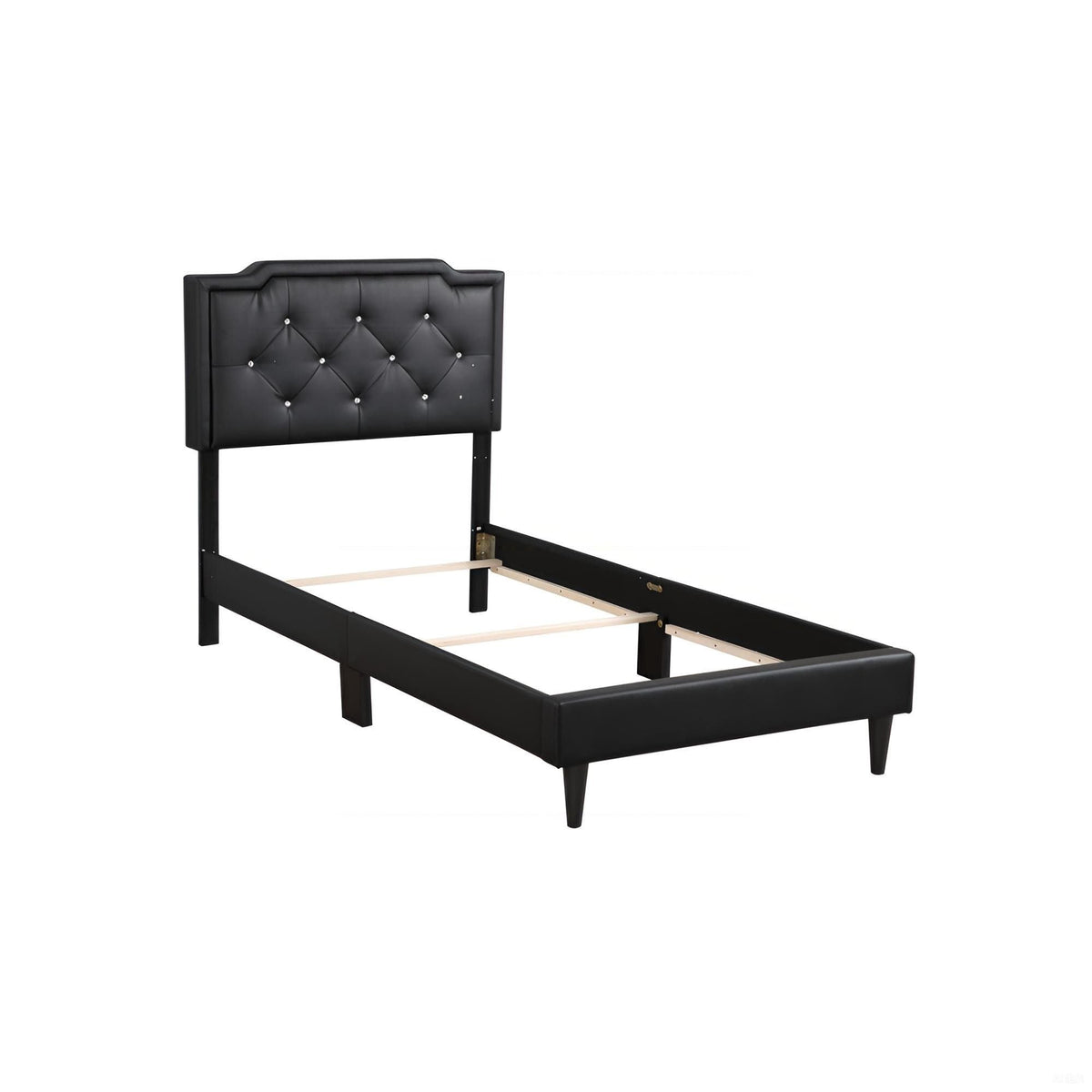 Button tufted upholstered bed headboard in black faux leather with crystal buttons, HouseOfZazla on Tampa Home & Garden Store