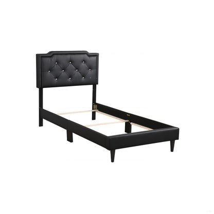 Button tufted upholstered bed headboard in black faux leather with crystal buttons, HouseOfZazla on Tampa Home & Garden Store